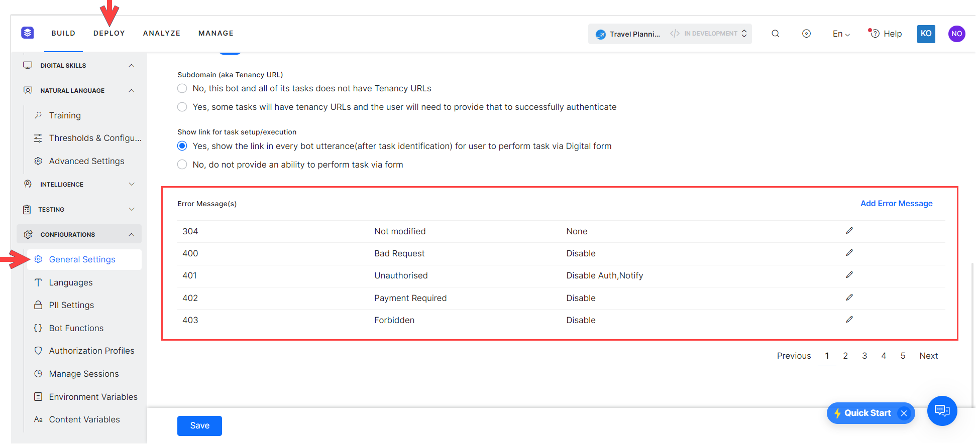 Customizing Error Messages - Kore.ai Documentation